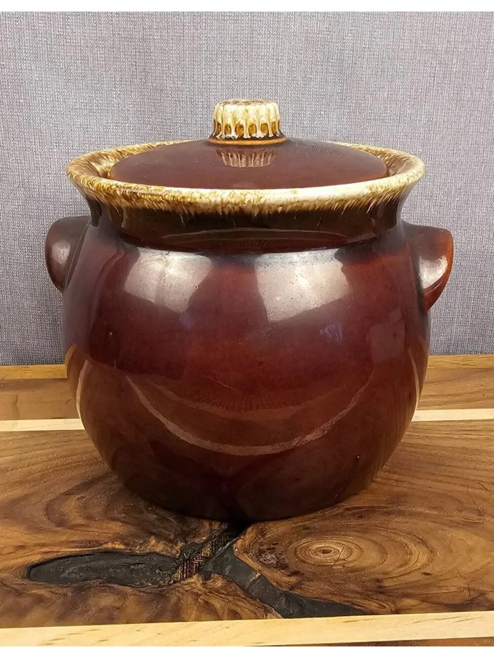 Hull Bean Pot Ceramic Brown Glazed With Lid Vintage 7 Inch